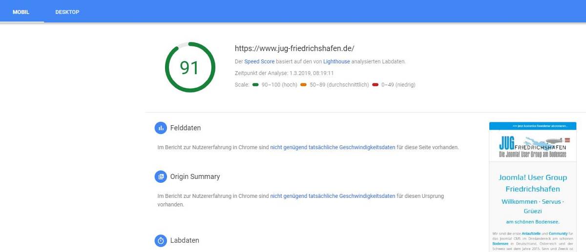 Joomla JUG FN Page Speed mit 91 Scores Google Insights Mobil